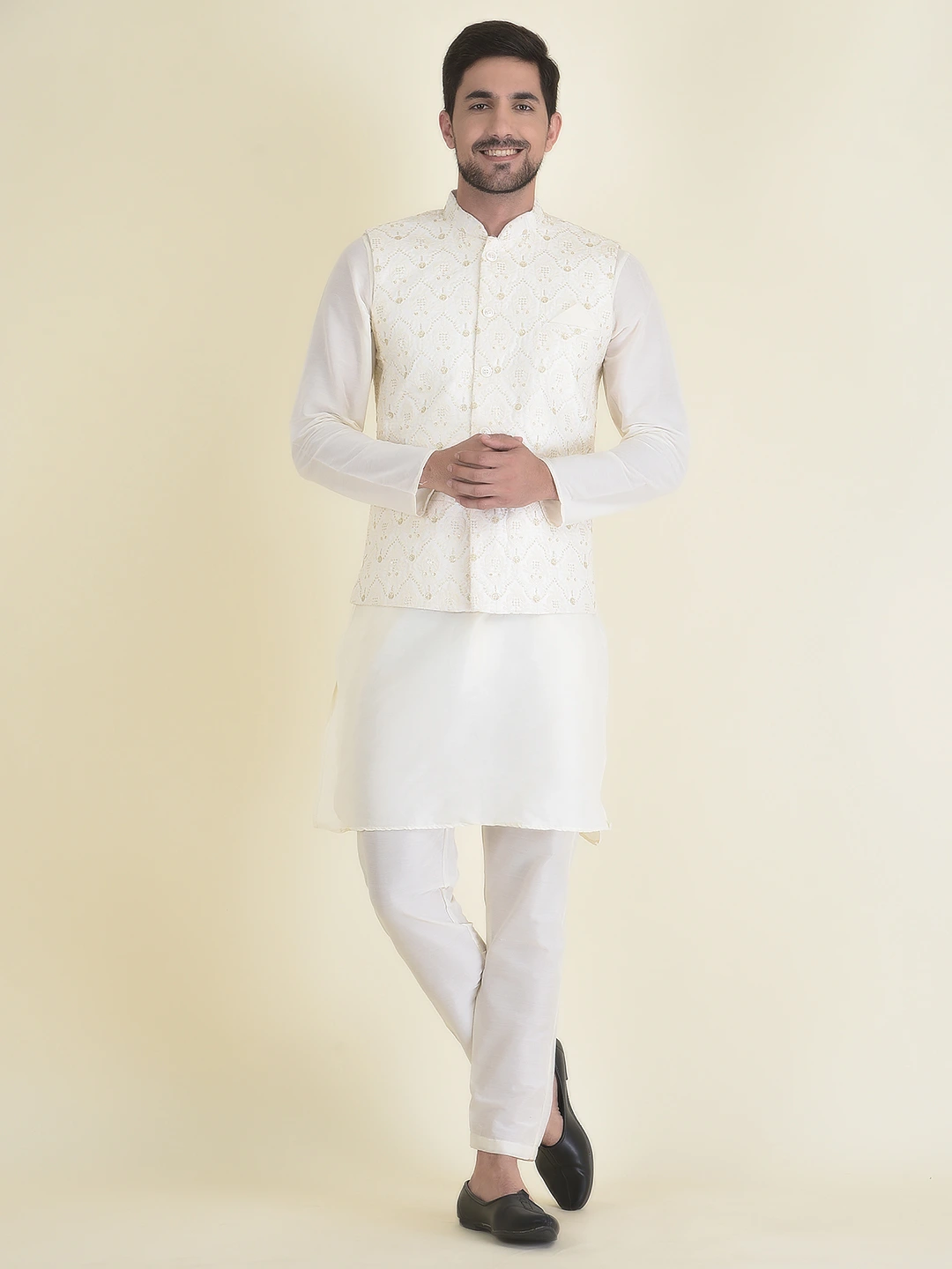 White Wedding Brocde Silk Men Ethnic Jacket Kurta And Trouser Set  SizeDimension Large Size 440