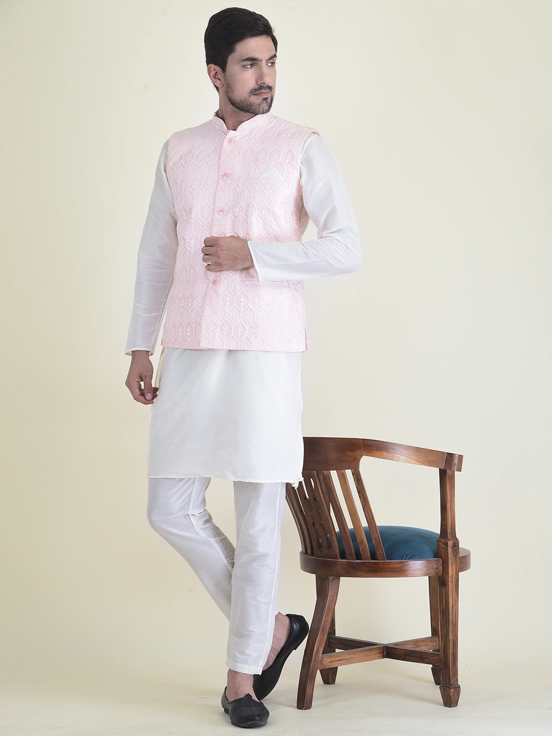 Hand embroidered crochet indowestern paired with waistcoat kurta  trouser  set